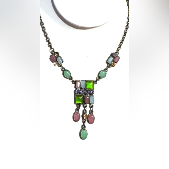 MCM Necklace ,Chain PeriwinkleGreen,Rose,MetalChain Cabachon&Glass - Picture 4 of 6
